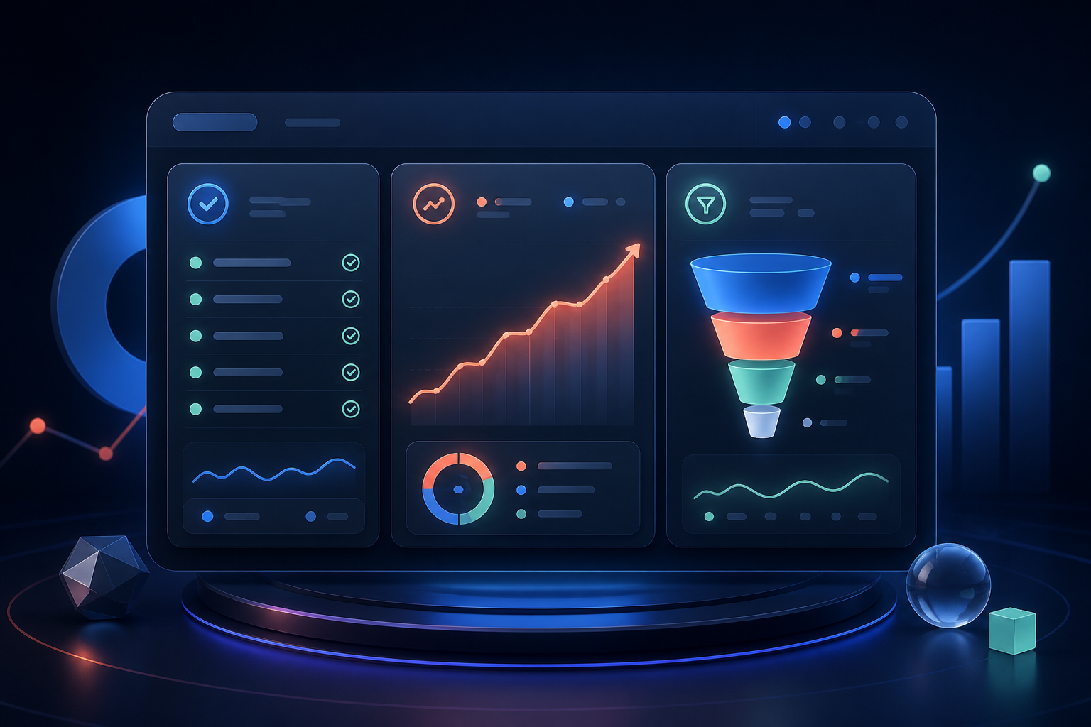 SEO dashboard illustration showing technical health, keyword visibility, and conversions